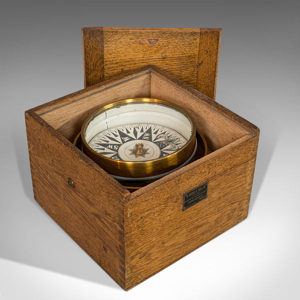 Vintage Box Compass, English, Oak, Brass, Gimbal, Maritime, Navigation, Aid - London Fine Antiques