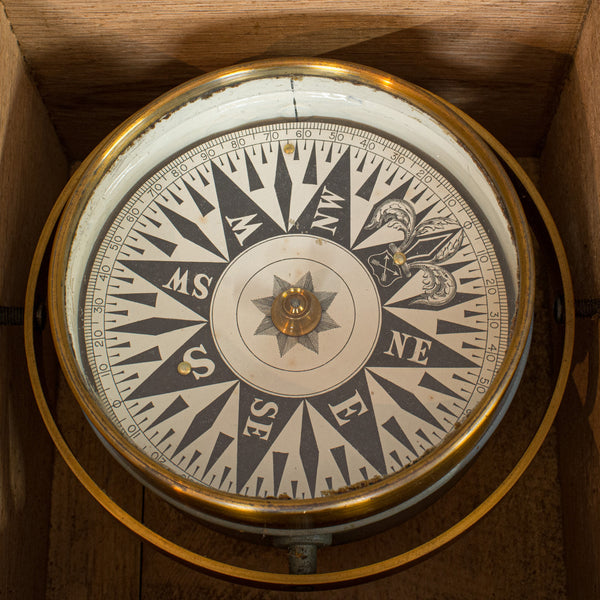 Vintage Box Compass, English, Oak, Brass, Gimbal, Maritime, Navigation, Aid - London Fine Antiques
