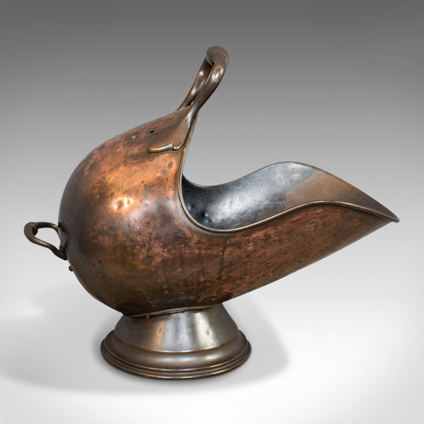 Antique Helmet Coal Scuttle, English, Copper, Fireside, Log Bucket, Victorian - London Fine Antiques