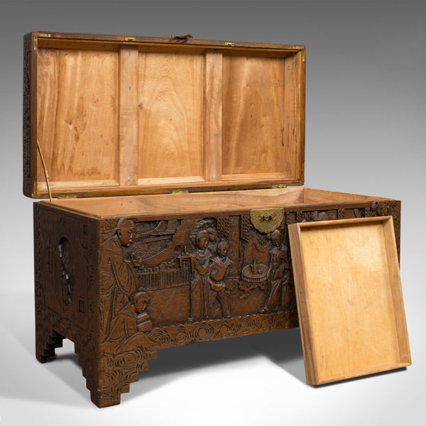 Vintage Carved Chest, Oriental, Camphorwood, Decorative Trunk, Art Deco, 1940 - London Fine Antiques