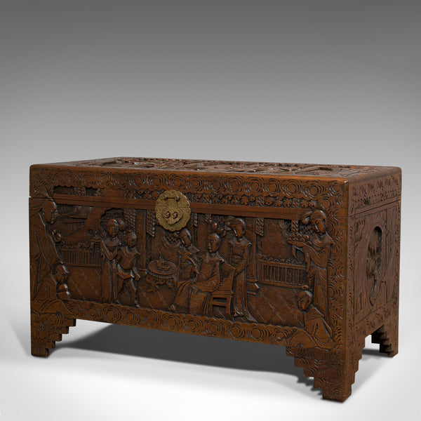 Vintage Carved Chest, Oriental, Camphorwood, Decorative Trunk, Art Deco, 1940 - London Fine Antiques
