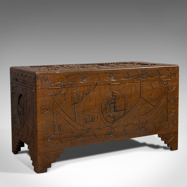 Vintage Carved Chest, Oriental, Camphorwood, Decorative Trunk, Art Deco, 1940 - London Fine Antiques