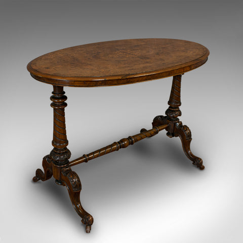 Antique Oval Table, English, Burr Walnut, Centre, Side, Victorian, Circa 1870