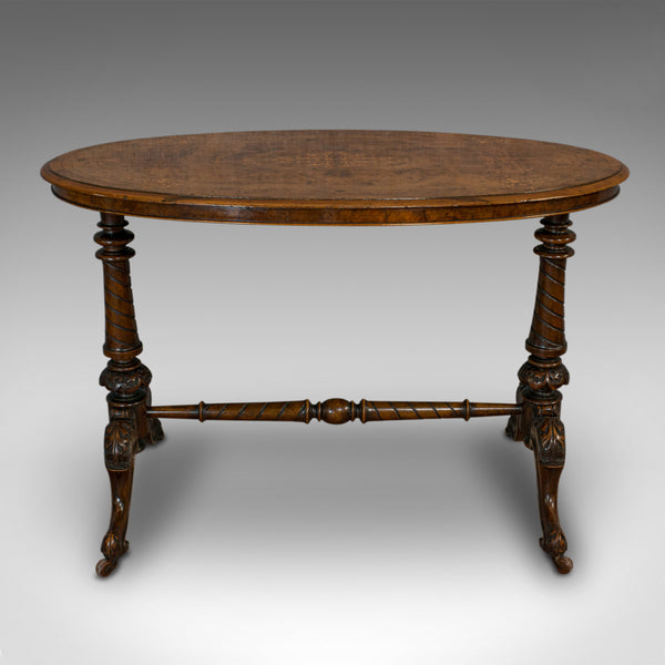 Antique Oval Table, English, Burr Walnut, Centre, Side, Victorian, Circa 1870