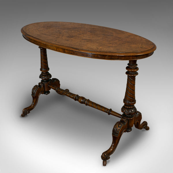 Antique Oval Table, English, Burr Walnut, Centre, Side, Victorian, Circa 1870