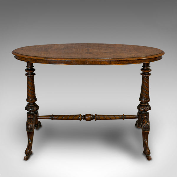 Antique Oval Table, English, Burr Walnut, Centre, Side, Victorian, Circa 1870
