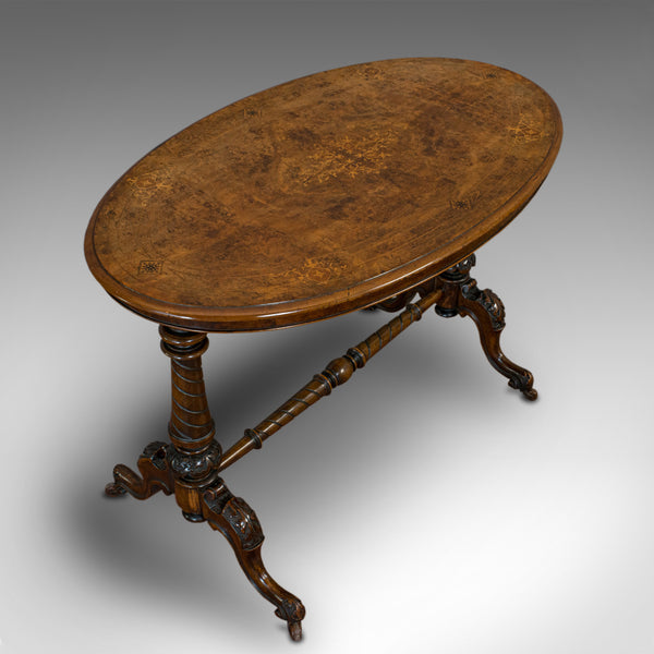 Antique Oval Table, English, Burr Walnut, Centre, Side, Victorian, Circa 1870