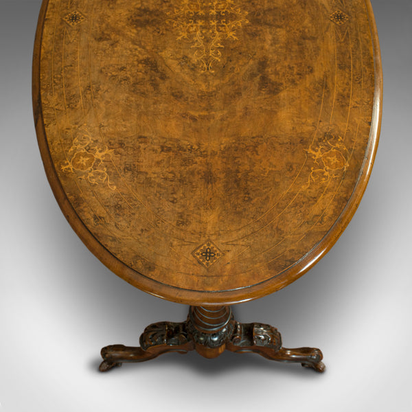 Antique Oval Table, English, Burr Walnut, Centre, Side, Victorian, Circa 1870