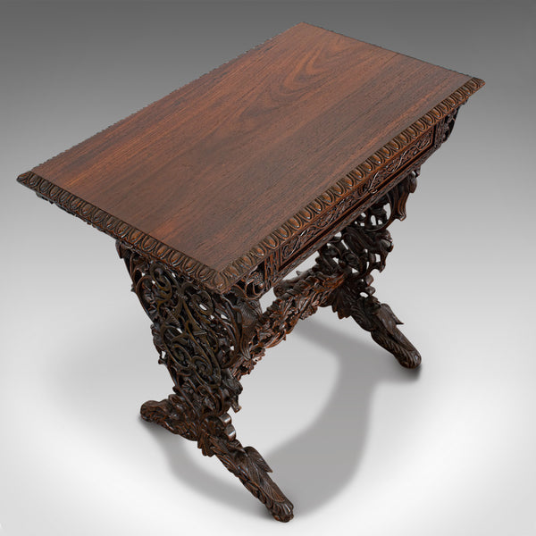 Antique Small Writing Desk, Asian, Rosewood, Side, Lamp, Table, Victorian, 1850