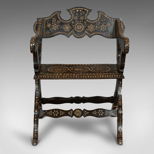 Antique X-Frame Chair, Middle Eastern, Mahogany, Seat, Bone Inlay, Circa 1850