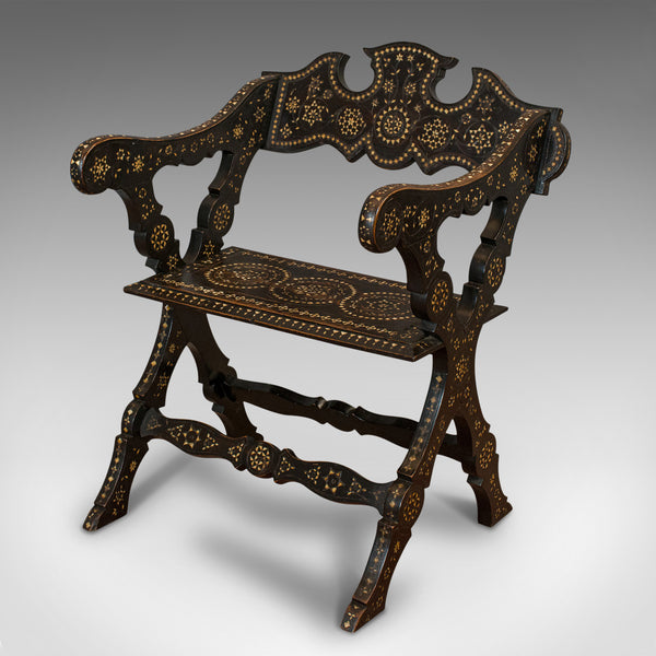 Antique X-Frame Chair, Middle Eastern, Mahogany, Seat, Bone Inlay, Circa 1850