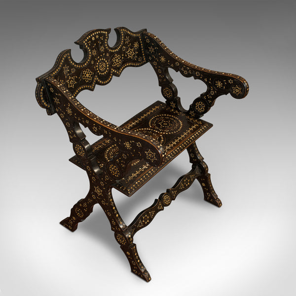Antique X-Frame Chair, Middle Eastern, Mahogany, Seat, Bone Inlay, Circa 1850