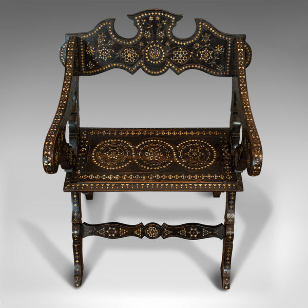 Antique X-Frame Chair, Middle Eastern, Mahogany, Seat, Bone Inlay, Circa 1850