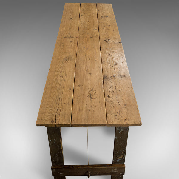 Large Vintage Table, English, Pine, Craft, Work, Kitchen, Trestle, Circa 1970