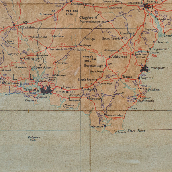 Vintage Framed Map, English, Mahogany, Illustrated, Devon, Cornwall, Mid C20th