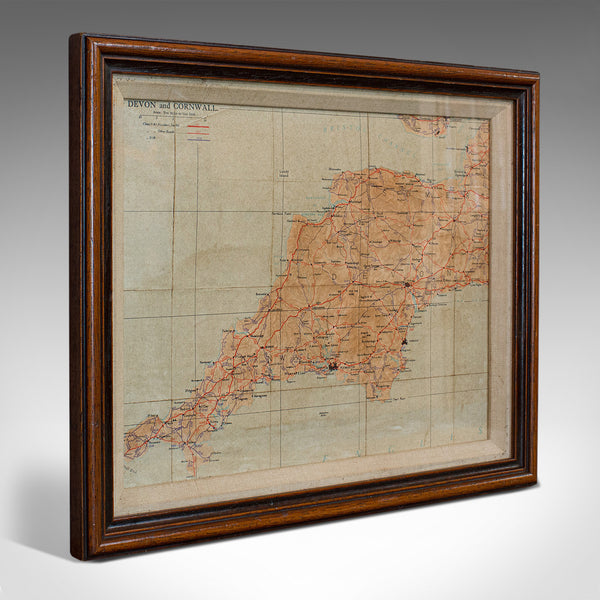 Vintage Framed Map, English, Mahogany, Illustrated, Devon, Cornwall, Mid C20th