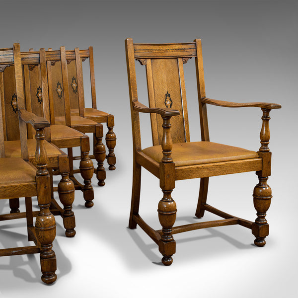 Set Of 6, Antique Dining Chairs, English, Golden Oak, Edwardian, Circa 1910