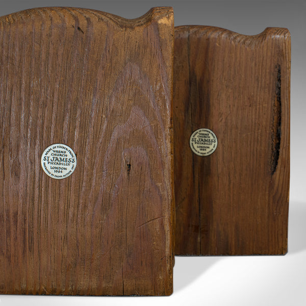 Pair Of, Vintage Bookends, English, Pitch Pine, Corbel, Wren's Church, London