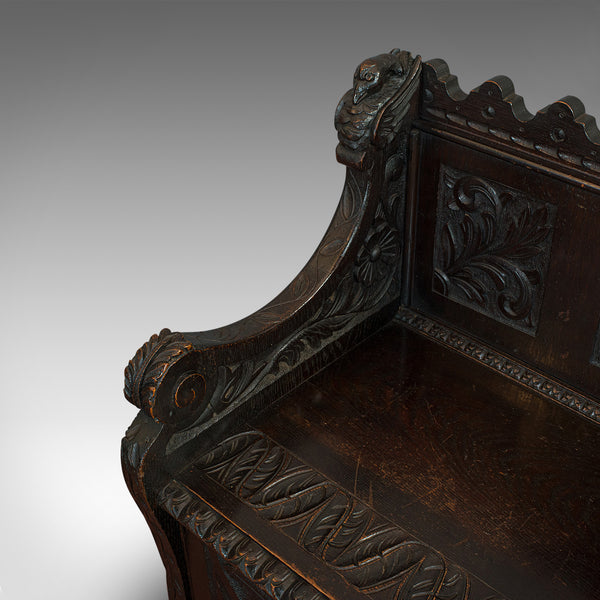 Antique Hall Seat, Scottish, Oak, Settle, Gothic Revival, Victorian, 1880