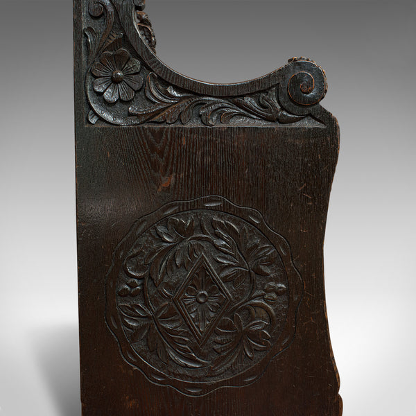 Antique Hall Seat, Scottish, Oak, Settle, Gothic Revival, Victorian, 1880