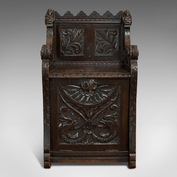 Antique Hall Seat, Scottish, Oak, Settle, Gothic Revival, Victorian, 1880