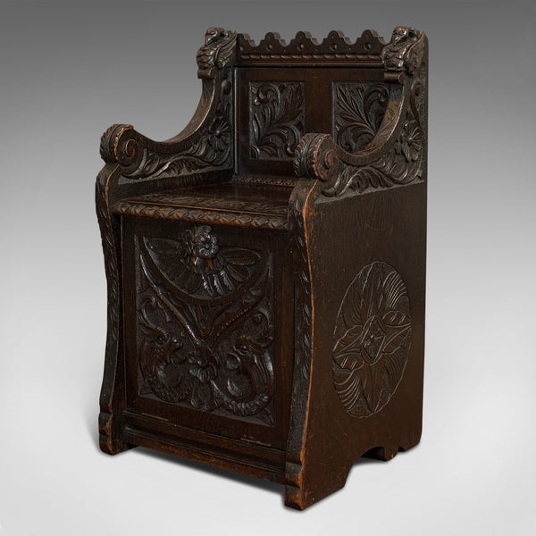 Antique Hall Seat, Scottish, Oak, Settle, Gothic Revival, Victorian, 1880