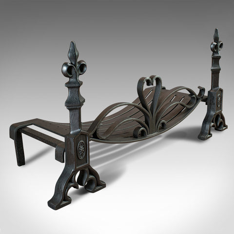 Antique Fireplace Set, English, Fire Grate, Andirons, Art Nouveau, Victorian