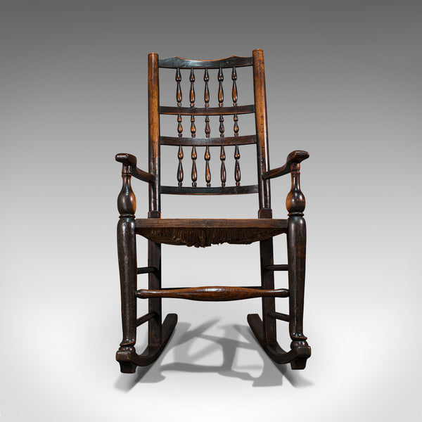 Antique Lancashire Rocking Chair, English, Ash, Spindle Back, Seat, Georgian