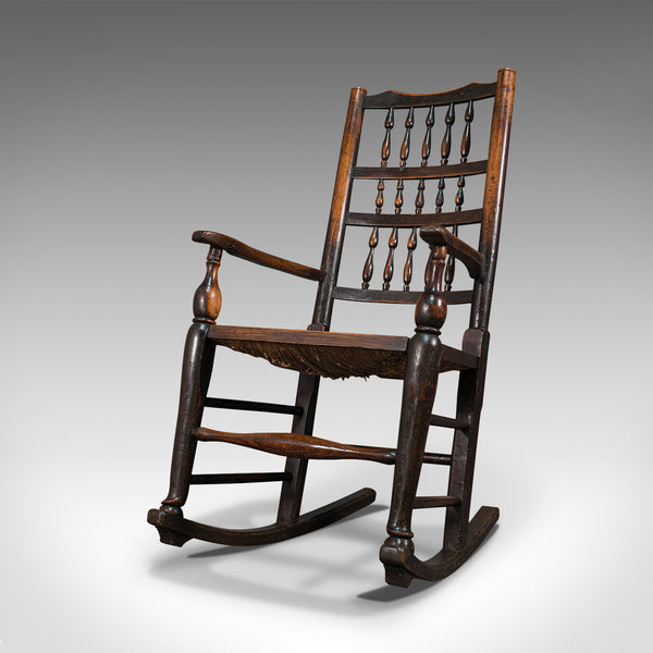 Antique Lancashire Rocking Chair, English, Ash, Spindle Back, Seat, Georgian
