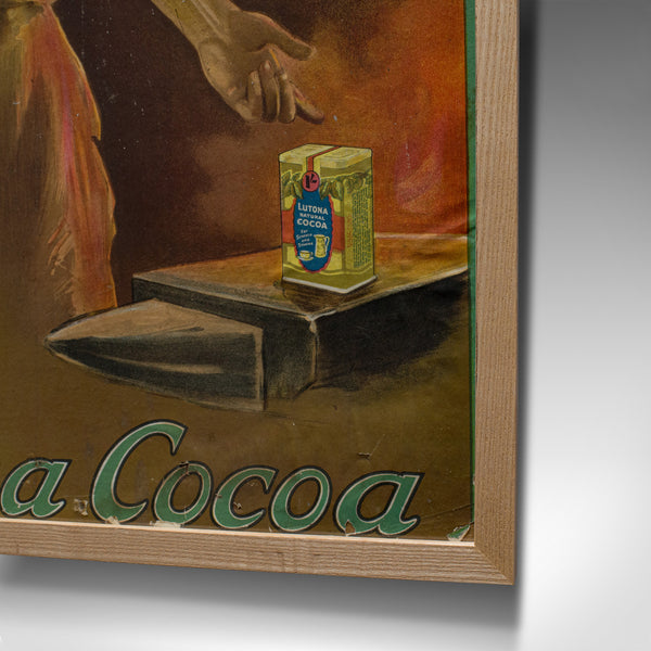 Framed Antique Cocoa Advertisement, English, Lutona Poster, Victorian, C.1900