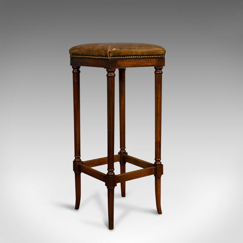 Tall Vintage Stool, English, Leather, Mahogany, Bar, Breakfast, Seat, Circa 1980