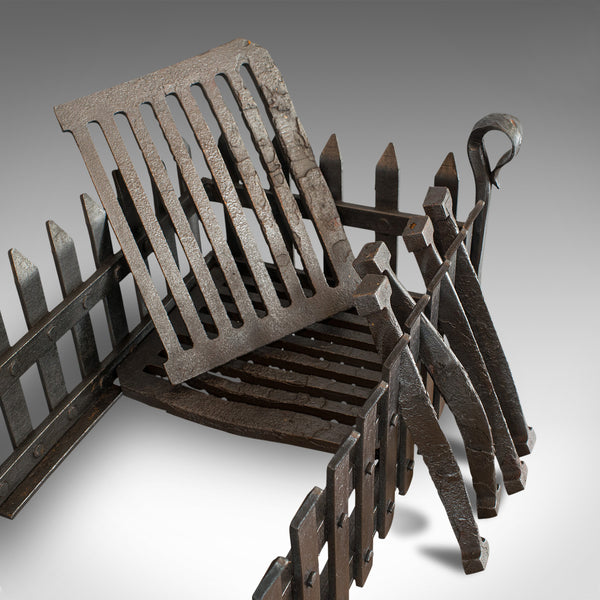 Antique Fire Grate, English, Wrought Iron, Fireside Basket, Victorian, C.1880