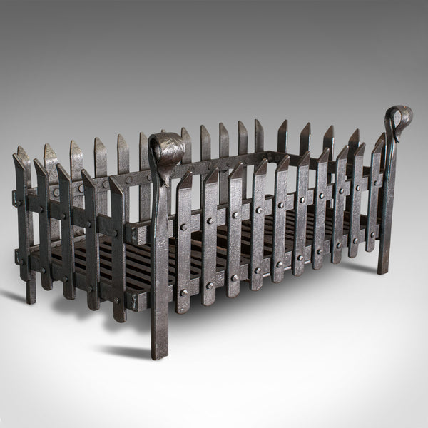 Antique Fire Grate, English, Wrought Iron, Fireside Basket, Victorian, C.1880