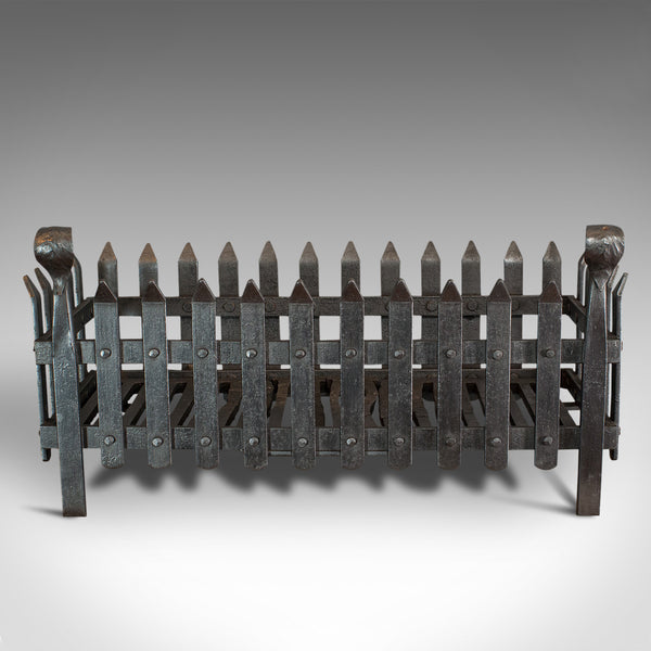Antique Fire Grate, English, Wrought Iron, Fireside Basket, Victorian, C.1880