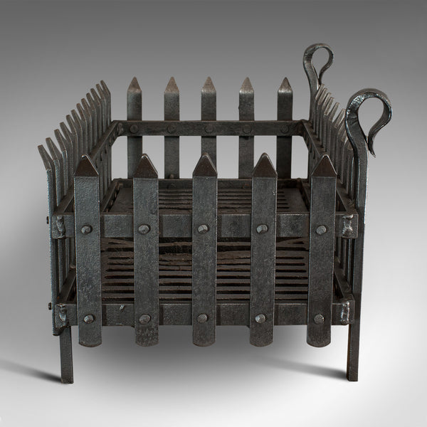 Antique Fire Grate, English, Wrought Iron, Fireside Basket, Victorian, C.1880