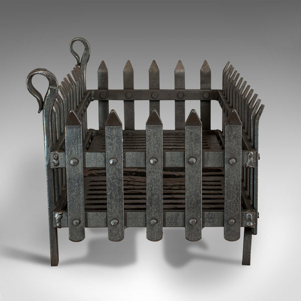 Antique Fire Grate, English, Wrought Iron, Fireside Basket, Victorian, C.1880