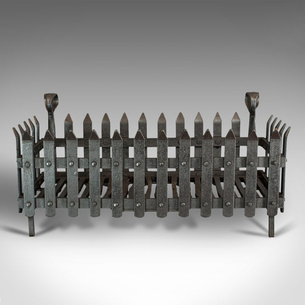 Antique Fire Grate, English, Wrought Iron, Fireside Basket, Victorian, C.1880