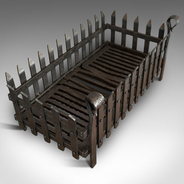 Antique Fire Grate, English, Wrought Iron, Fireside Basket, Victorian, C.1880