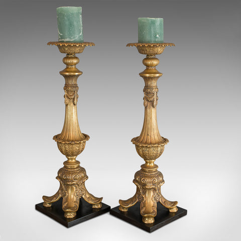 Large, Pair Of Vintage Candlesticks, Asian, Gilt Metal, Decorative Torchere