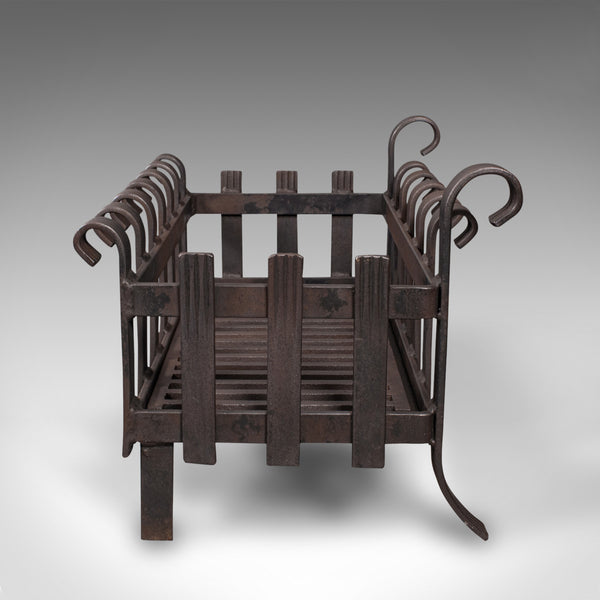 Vintage Fire Basket, English, Iron, Fireplace, Gothic Revival, Mid Century, 1950