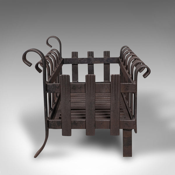 Vintage Fire Basket, English, Iron, Fireplace, Gothic Revival, Mid Century, 1950