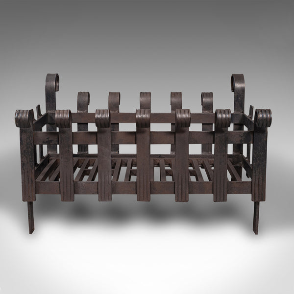 Vintage Fire Basket, English, Iron, Fireplace, Gothic Revival, Mid Century, 1950
