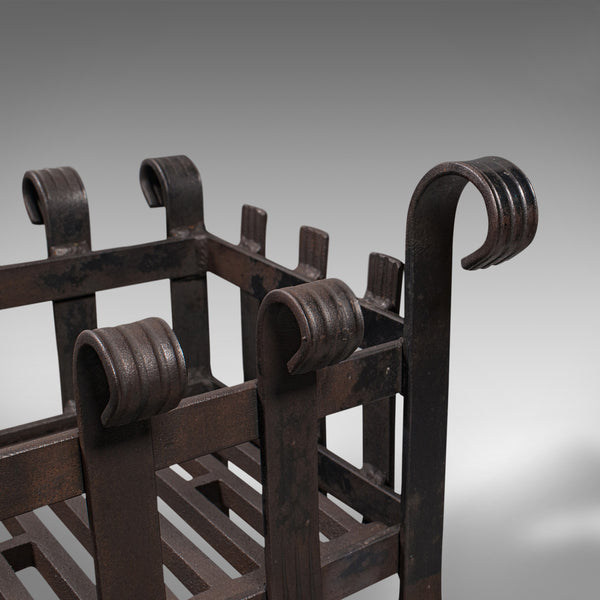Vintage Fire Basket, English, Iron, Fireplace, Gothic Revival, Mid Century, 1950