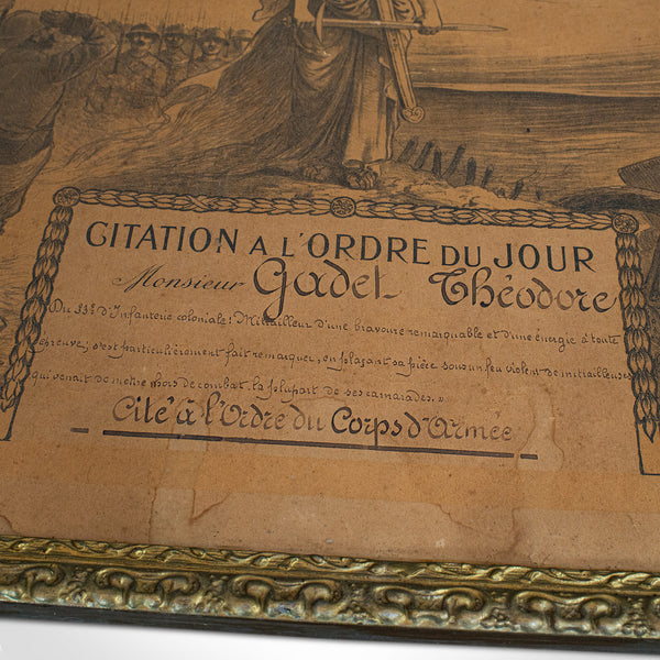 Antique Pair of Framed Certificates, French, Award of Honour, WW1, Circa 1920