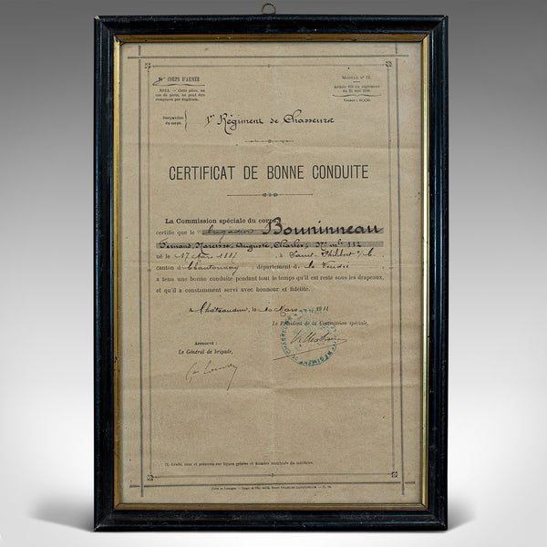 Antique Pair of Framed Certificates, French, Award of Honour, WW1, Circa 1920