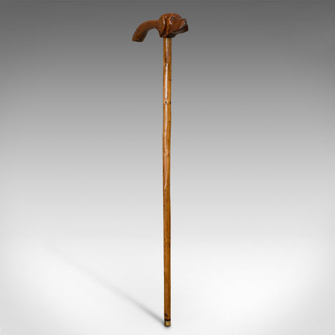 Antique Walking Cane, Fruitwood, Carved Country Shooting Stick, Dog, Victorian