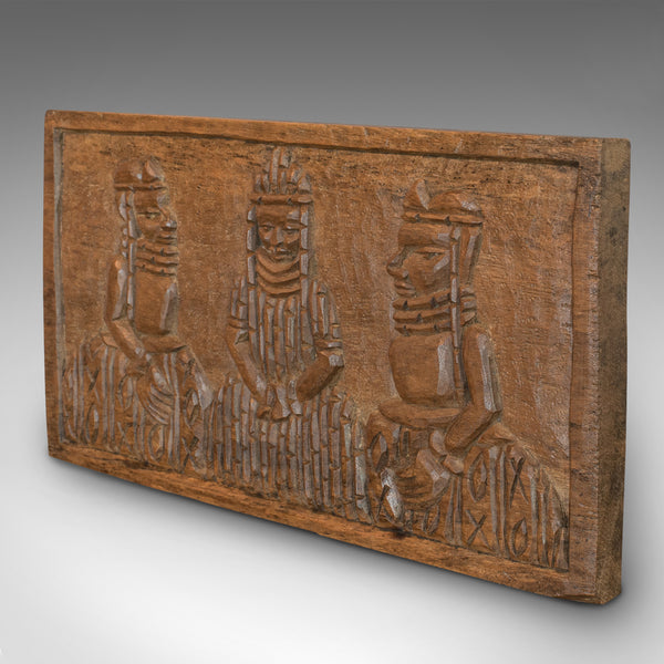 Vintage Hand Carved Wooden Plaque, Asian, Hardwood, Decorative, Tribal Scene
