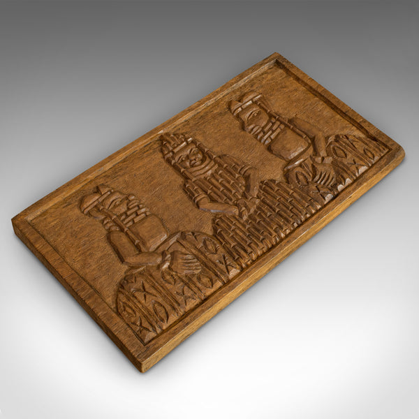 Vintage Hand Carved Wooden Plaque, Asian, Hardwood, Decorative, Tribal Scene