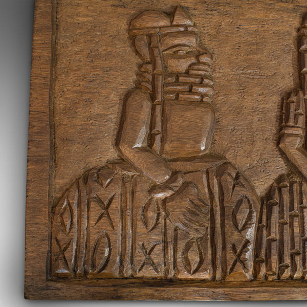 Vintage Hand Carved Wooden Plaque, Asian, Hardwood, Decorative, Tribal Scene