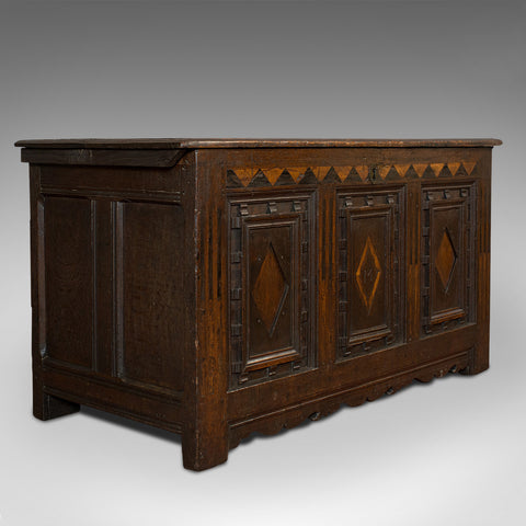 Antique Coffer, English, Oak, 3 Panel, Linen Chest, Trunk, William III, C.1700